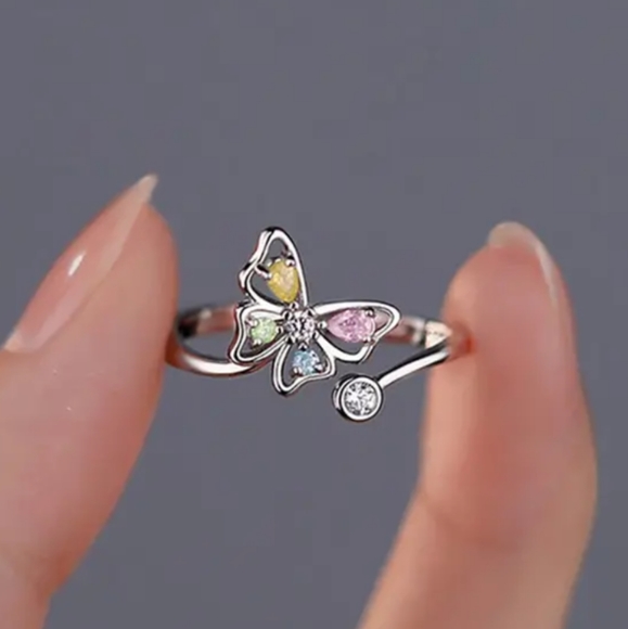 925 Sterling Silver Plated Alloy Adjustable Butterfly Ring CZ Rhinestones - Picture 1 of 7